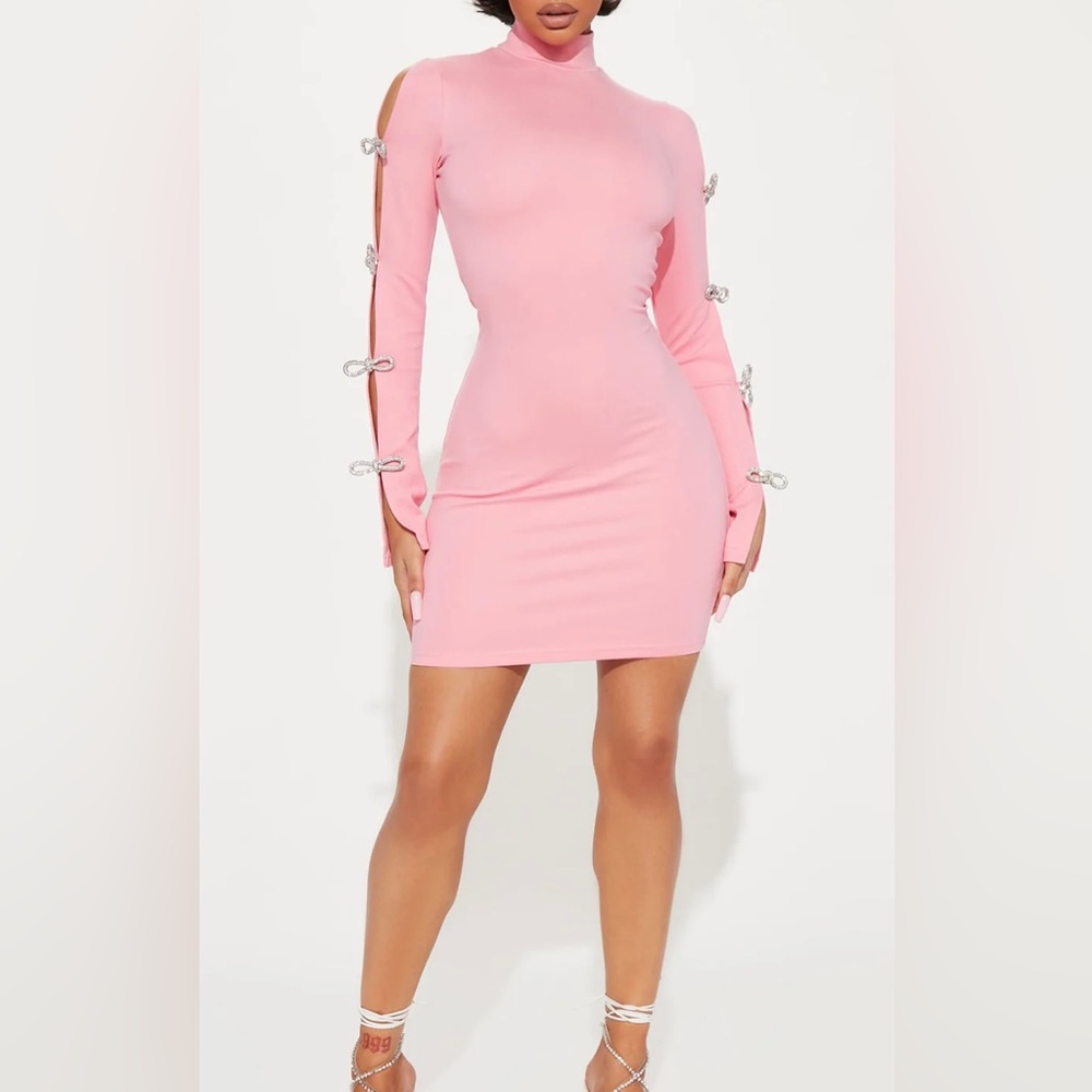 Fashion Nova Pink Long Sleeve Dress with Bow Accents